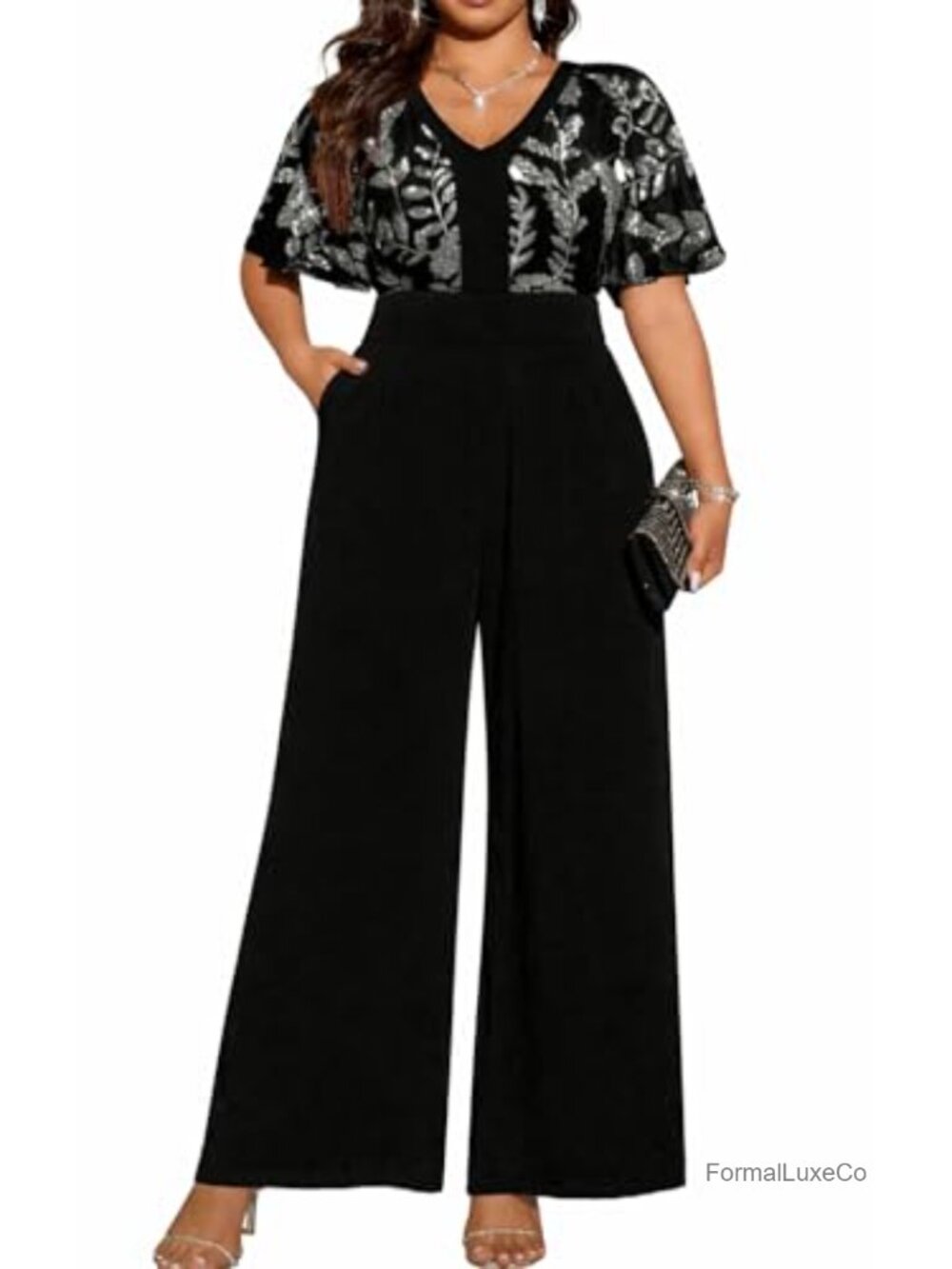 Plus Size Velvet Sequin Jumpsuit V-Neck Flutter Sleeve Wide Leg